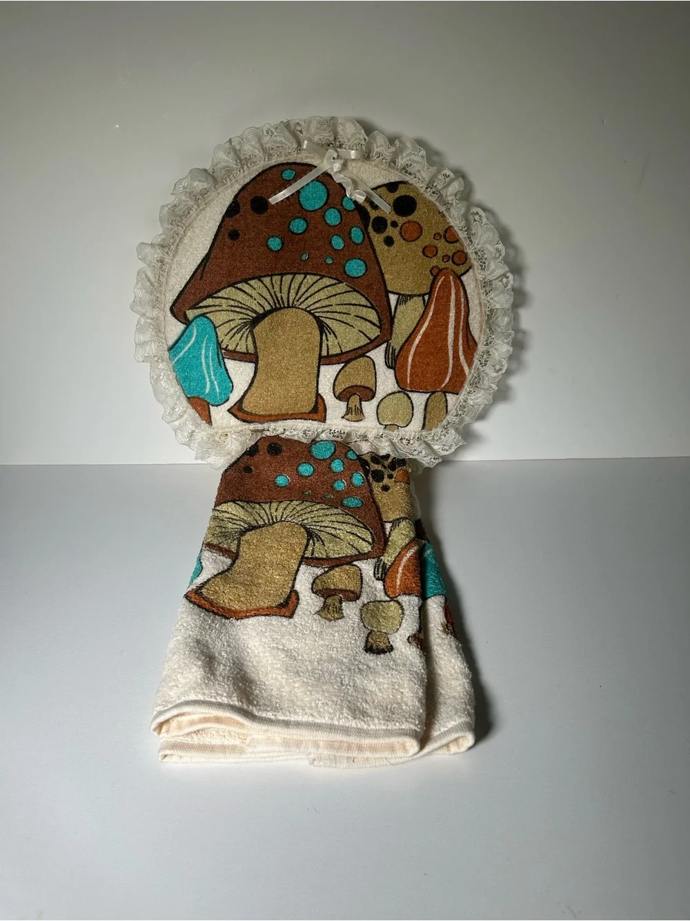 Vintage 70s Cannon Mushroom Hand Towel + Handmade Holder Retro Boho MCM Decor